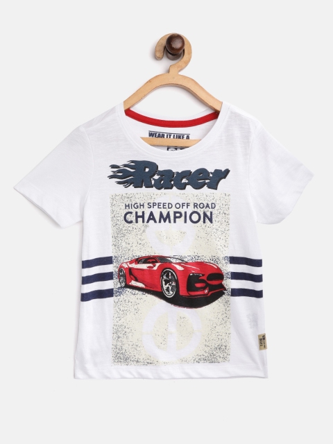 

Flying Machine Boys White & Navy Blue Race Car Print Round Neck Cotton T-shirt