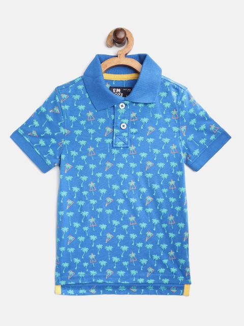 

Flying Machine Boys Blue & Sea Green Tropical Print Cotton Polo Collar T-shirt