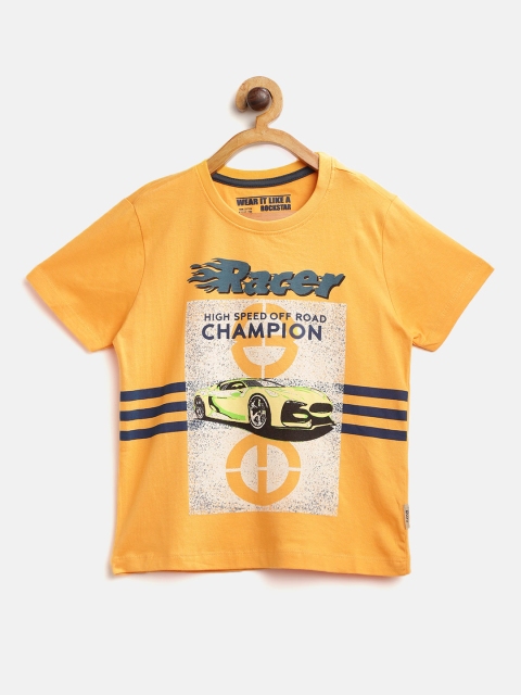 

Flying Machine Boys Mustard Yellow Printed Round Neck T-shirt