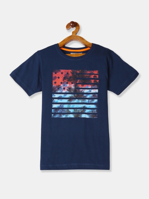 

Flying Machine Boys Navy Blue & Red Tropical Print Round Neck T-shirt