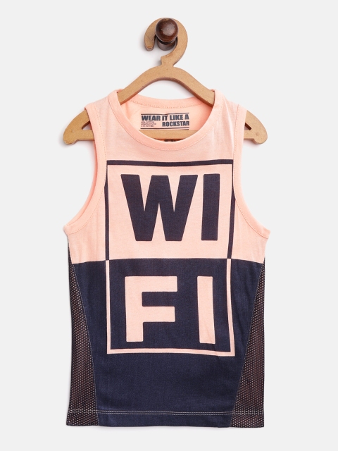 

Flying Machine Boys Peach-Coloured & Navy Blue WIFI Print Round Neck T-shirt
