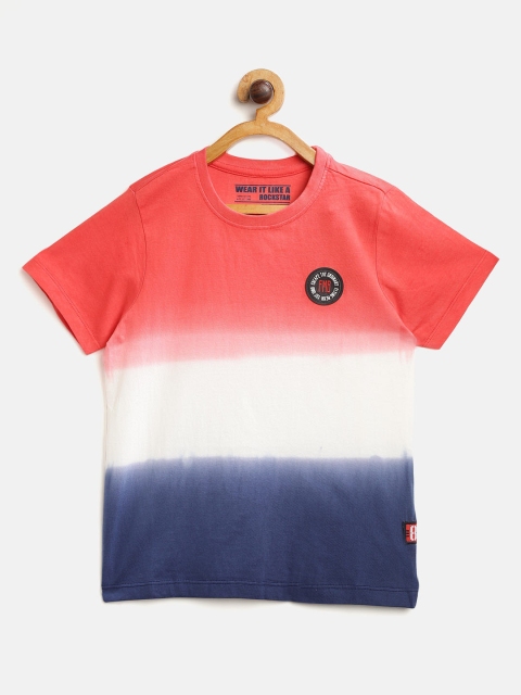 

Flying Machine Boys Coral Red Navy Blue Tie Dye Round Neck Pure Cotton T-shirt