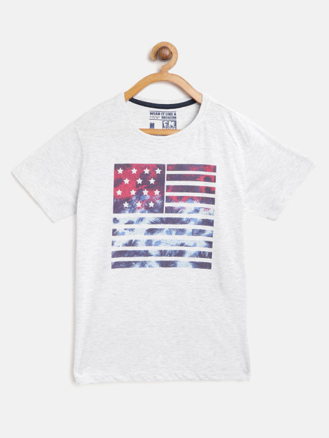 

Flying Machine Boys Grey Melange Printed Round Neck T-shirt