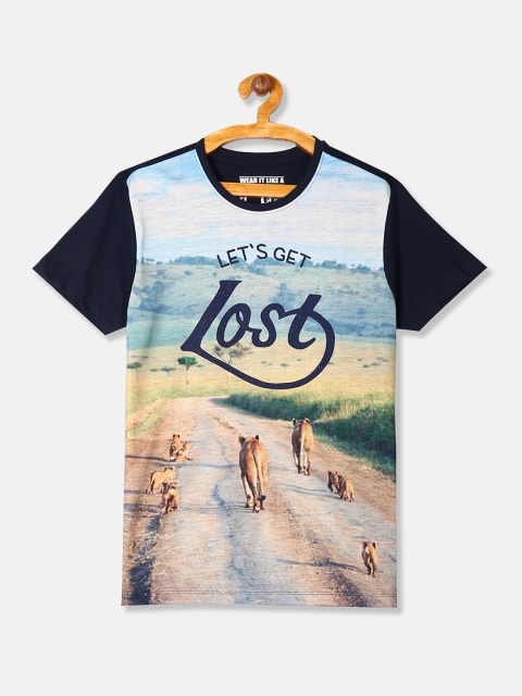 

Flying Machine Boys Navy Blue & Beige Graphic Print Round Neck T-shirt