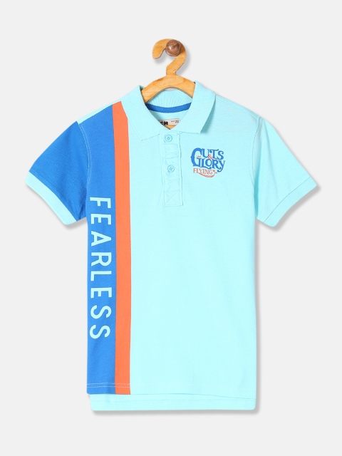 

Flying Machine Boys Turquoise Blue & Orange Printed Colourblocked Polo Collar T-shirt