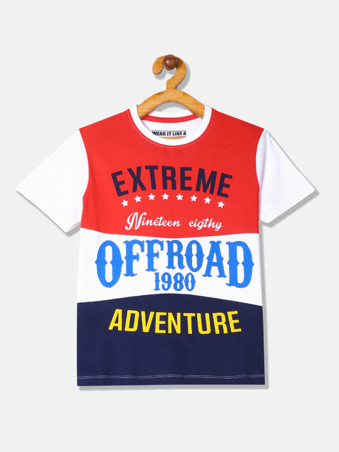 

Flying Machine Boys Red & White Colourblocked Round Neck T-shirt with Printed Detail
