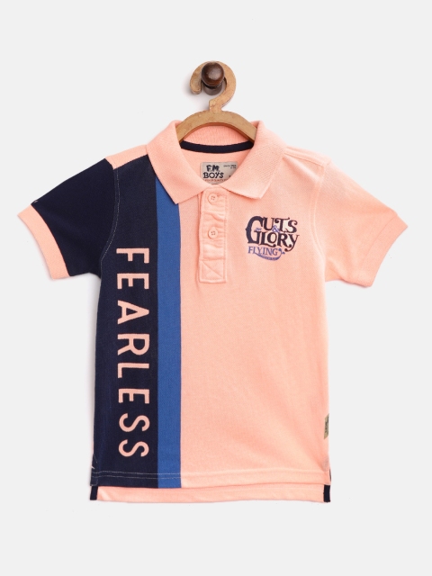 

Flying Machine Boys Peach-Coloured & Navy Blue Fearless Print Polo Collar T-shirt