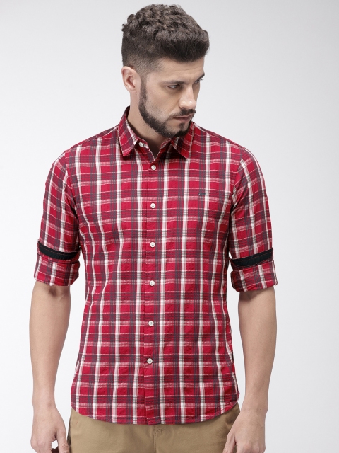 

GAS Men Red & Navy Blue Slim Fit Checked Casual Shirt