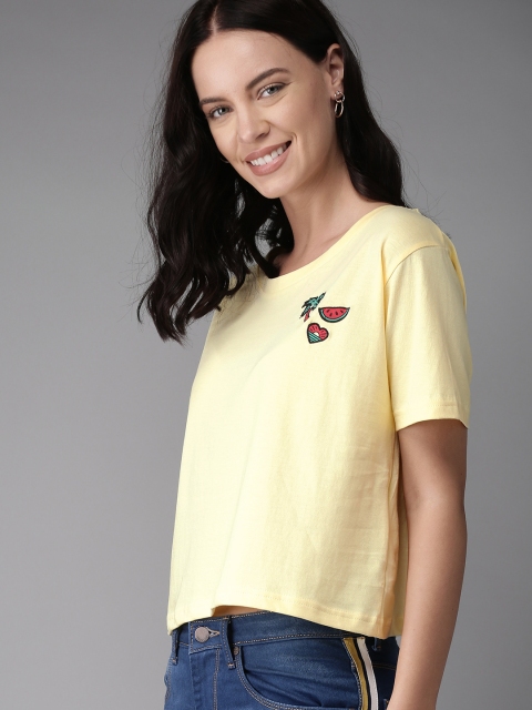 

HERE&NOW Women Yellow Solid Boxy Fit Round Neck Cropped T-shirt