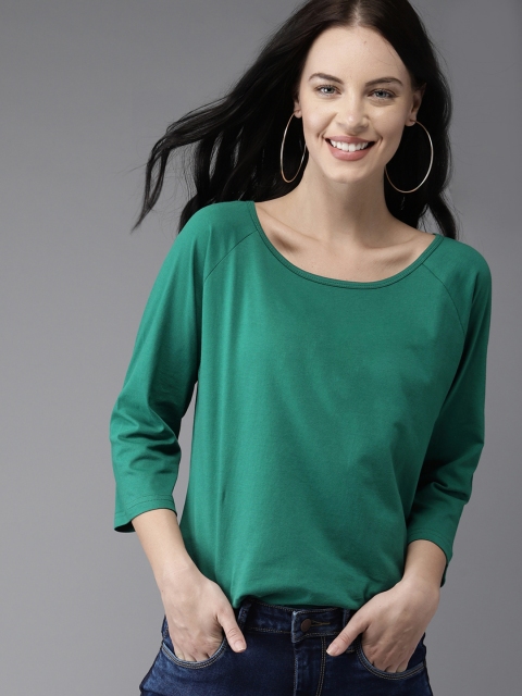 

HERENOW Women Green Solid Round Neck Pure Cotton T-shirt