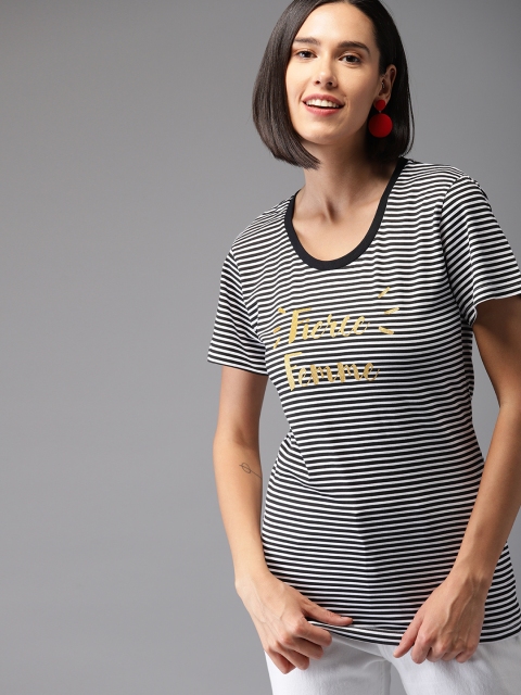 

HERE&NOW Women White & Black Striped Round Neck T-shirt