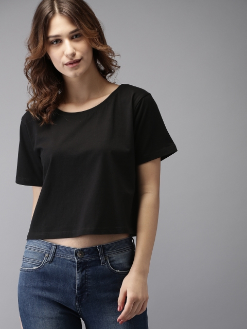 

HERE&NOW Women Black Solid Round Neck Cropped T-shirt