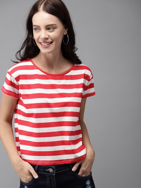 

HERE&NOW Women Red & White Striped Round Neck T-shirt