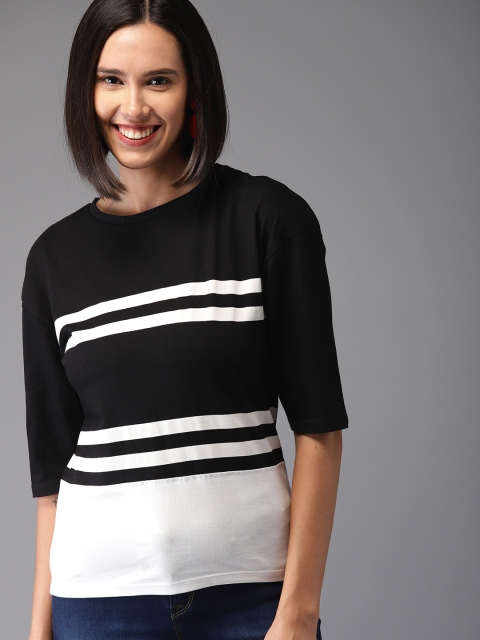 

HERE&NOW Women Black & White Striped Round Neck T-shirt
