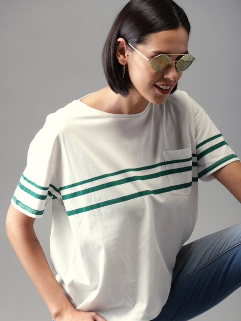

HERENOW Women Off-White Striped Round Neck Pure Cotton T-shirt