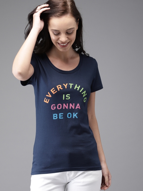 

HERE&NOW Women Navy Blue Printed Round Neck T-shirt