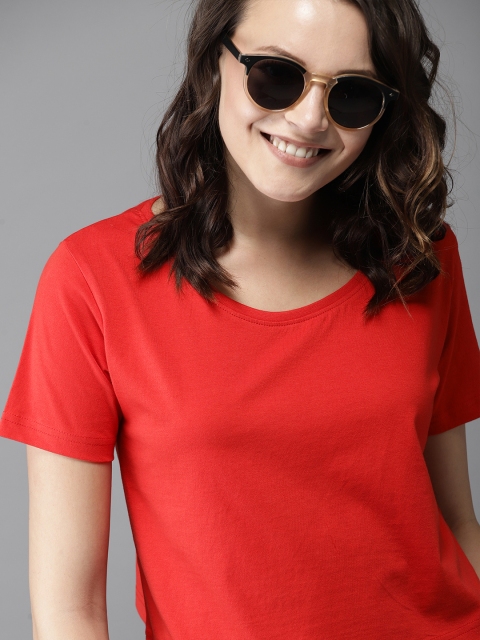 

HERENOW Women Red Solid Round Neck Pure Cotton T-shirt