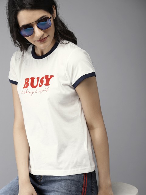 

Moda Rapido Women White Printed Round Neck Pure Cotton T-shirt
