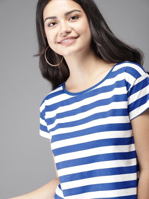 

HERE&NOW Women Blue & White Striped Round Neck T-shirt