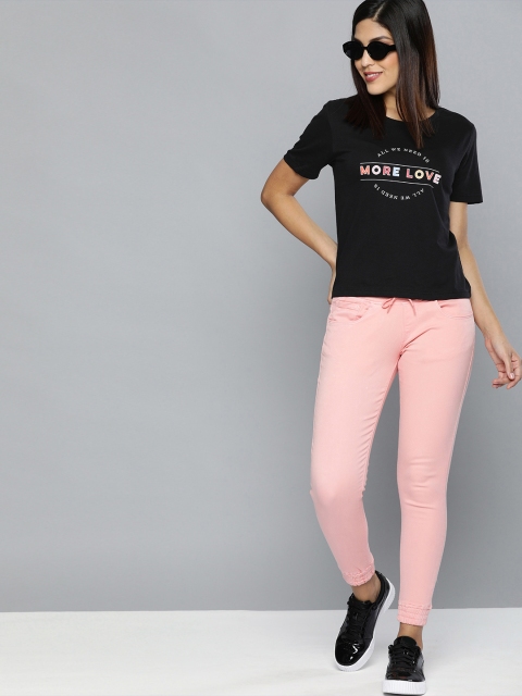 

HERE&NOW Women Black Printed Regular Fit Round Neck T-shirt
