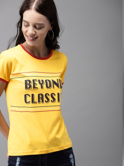 

HERE&NOW Women Yellow Printed Round Neck T-shirt