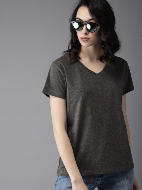 

Moda Rapido Women Charcoal Solid V-Neck T-shirt