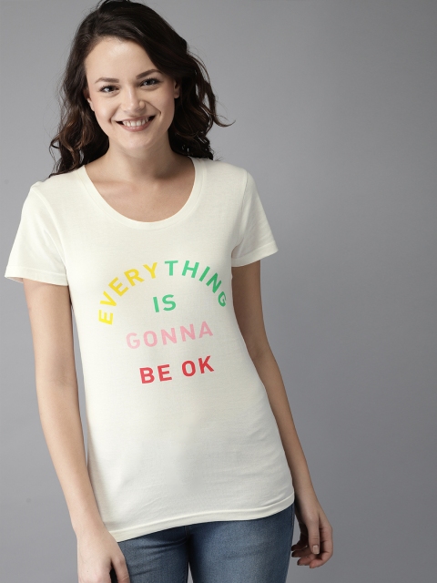 

HERE&NOW Women Off-White Printed Round Neck T-shirt