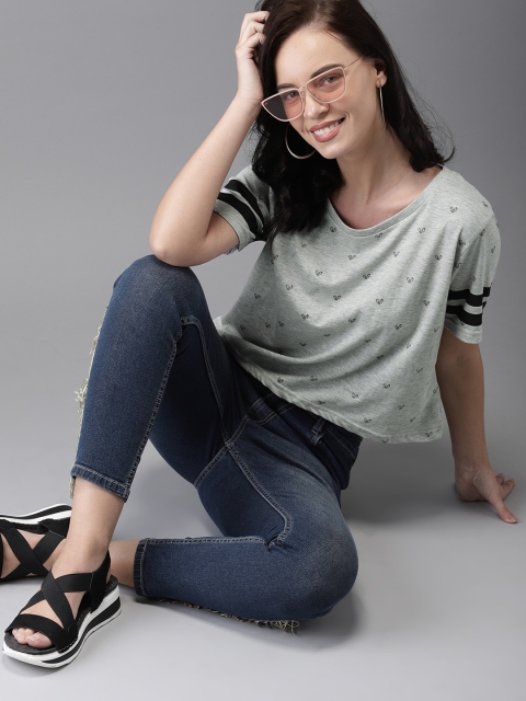 

HERENOW Women Grey Melange Printed Round Neck Pure Cotton T-shirt