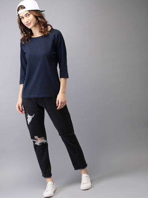 

HERE&NOW Women Navy Blue Solid Round Neck T-shirt