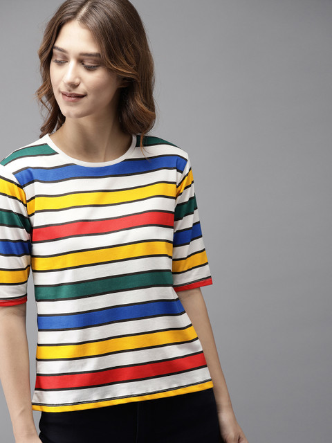 

HERE&NOW Women Multicoloured Striped Round Neck T-shirt, Multi