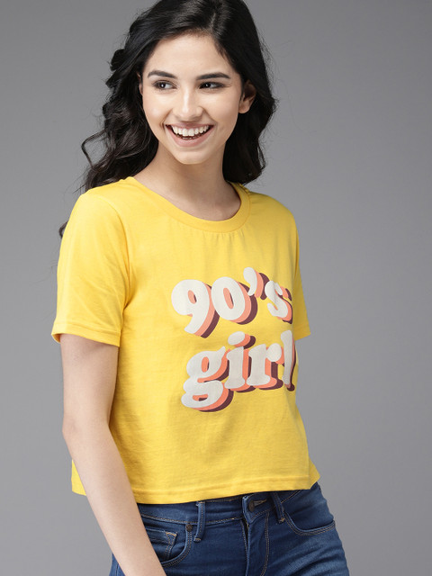 

HERE&NOW Women Yellow Printed Round Neck T-shirt