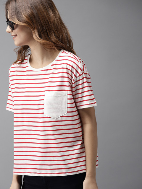

HERENOW Women Red White Striped Round Neck Boxy Pure Cotton T-shirt
