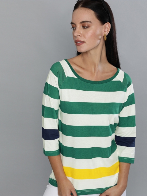 

HERE&NOW Women White & Green Striped Regular Fit Round Neck T-shirt