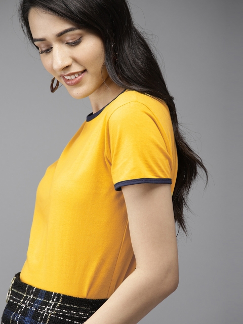 

Moda Rapido Women Yellow Solid Round Neck Pure Cotton T-shirt