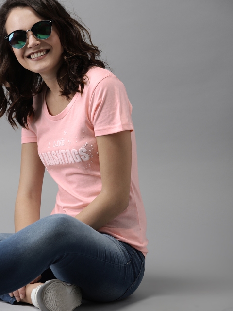 

HERENOW Women Pink Printed Round Neck Pure Cotton T-shirt