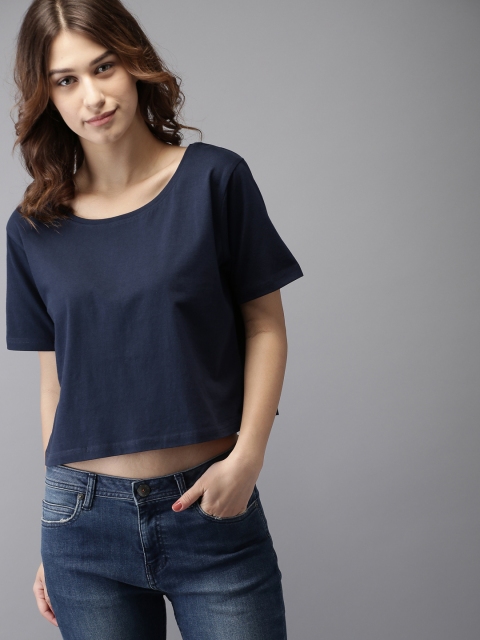 

HERE&NOW Women Navy Blue Solid Round Neck Cropped T-shirt