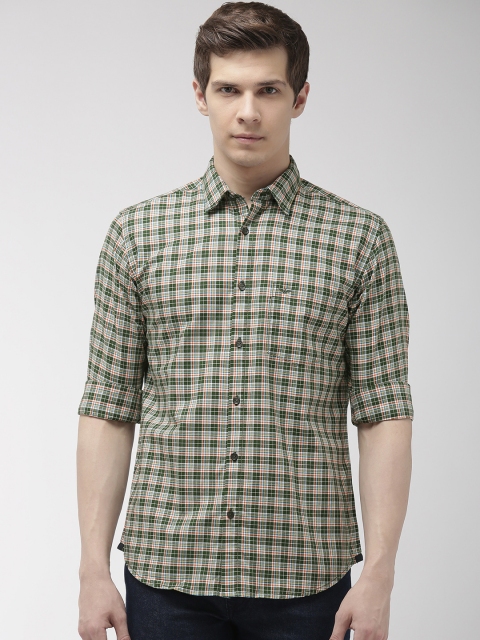 

Park Avenue Men Olive Green & White Slim Fit Checked Casual Shirt