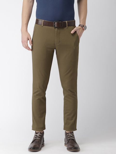 Park Avenue Men Olive Brown Neo Fit Self Design Smart Casual Cropped Chinos