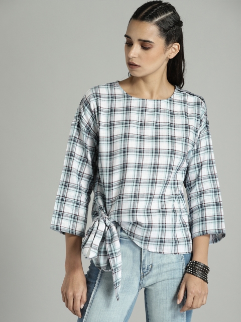

Roadster Women White Checked Pure Cotton Top