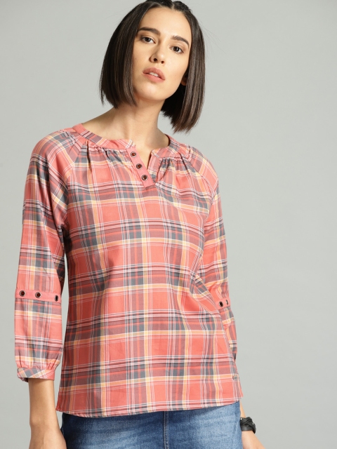 

Roadster Women Coral Pink & Yellow Checked Pure Cotton Top