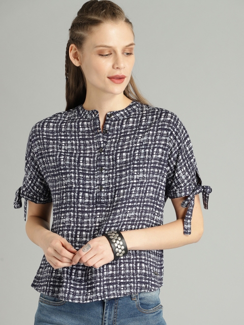 

Roadster Women Navy Blue & White Printed Shirt Style Top