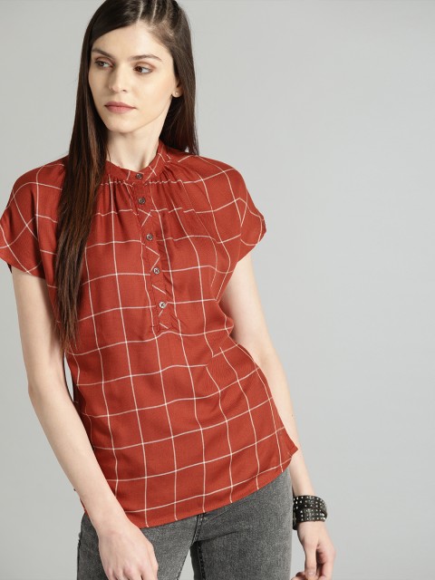 

Roadster Women Rust Orange & White Checked Top