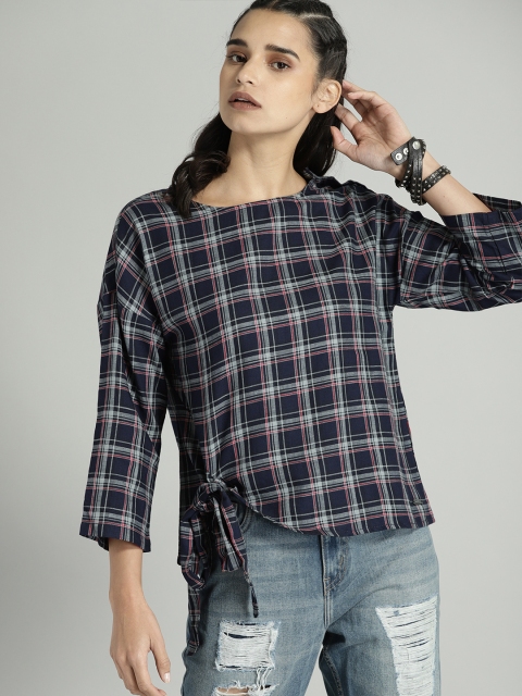

Roadster Women Navy Blue & Green Checked Pure Cotton Top