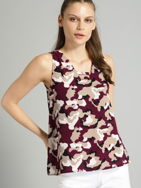 

Roadster Women Maroon & Taupe Camouflage Printed A-Line Top