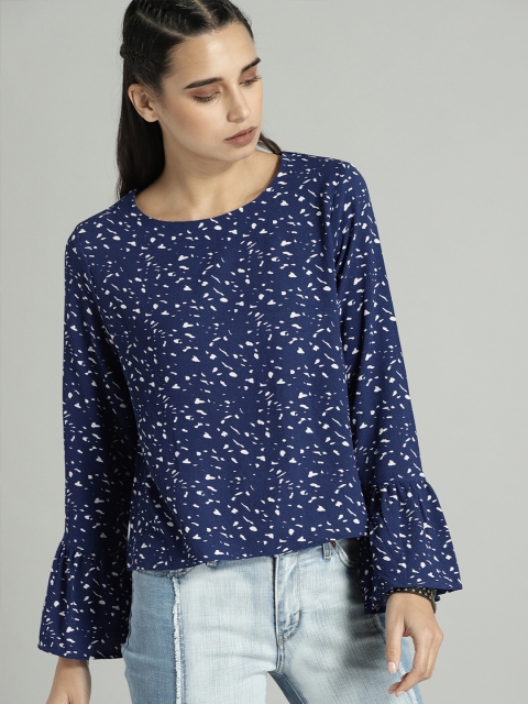 

Roadster Women Navy Blue & White Printed Top