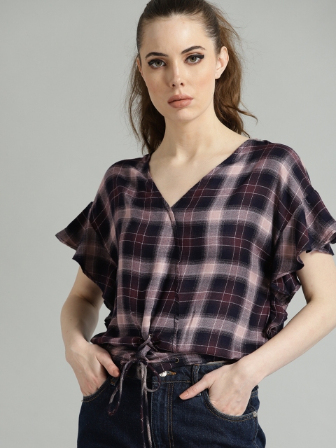 

Roadster Women Pink & Navy Checked Blouson Top