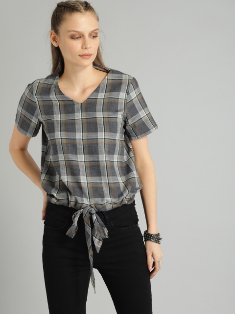 

Roadster Women Grey & Blue Checked Pure Cotton Top