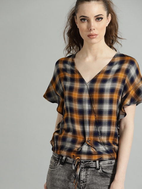 

Roadster Women Mustard Yellow & Navy Checked Blouson Top