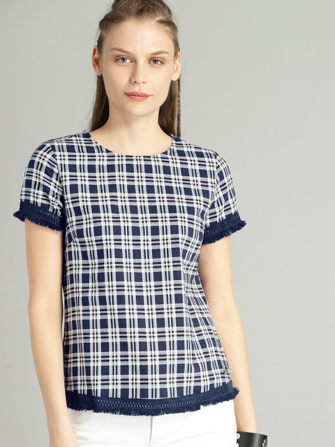 

Roadster Women Navy Blue & White Checked Pure Cotton Top