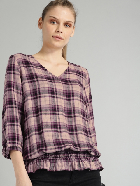 

Roadster Women Pink & Purple Checked Regular Top